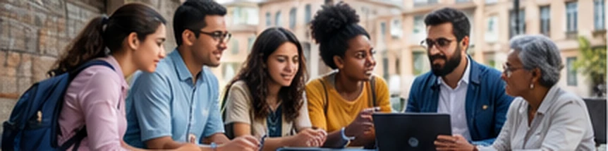Grupo diverso de personas conversando y trabajando juntas
