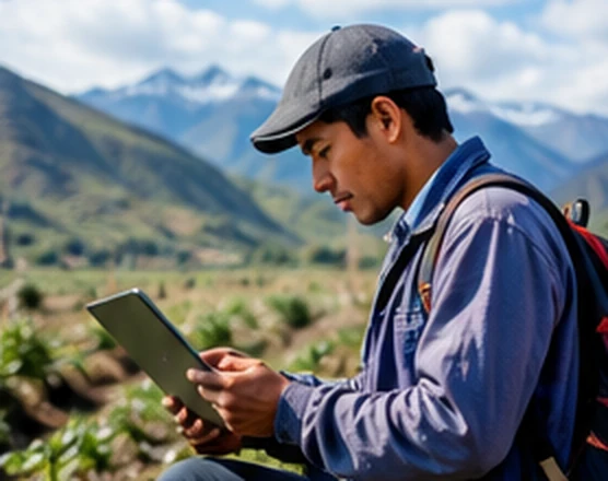 Trabajador rural utilizando tecnología digital en un entorno andino